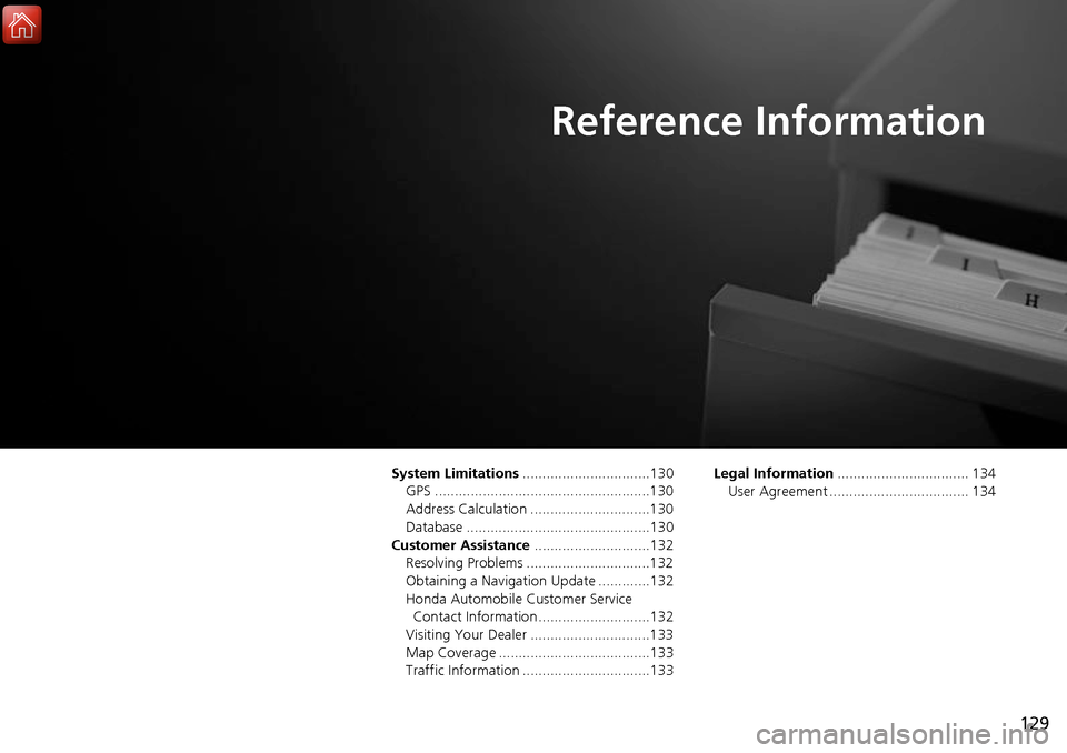 HONDA ACCORD 2017 9.G Navigation Manual 129
Reference Information
System Limitations................................130
GPS ......................................................130
Address Calculation ..............................130
Data