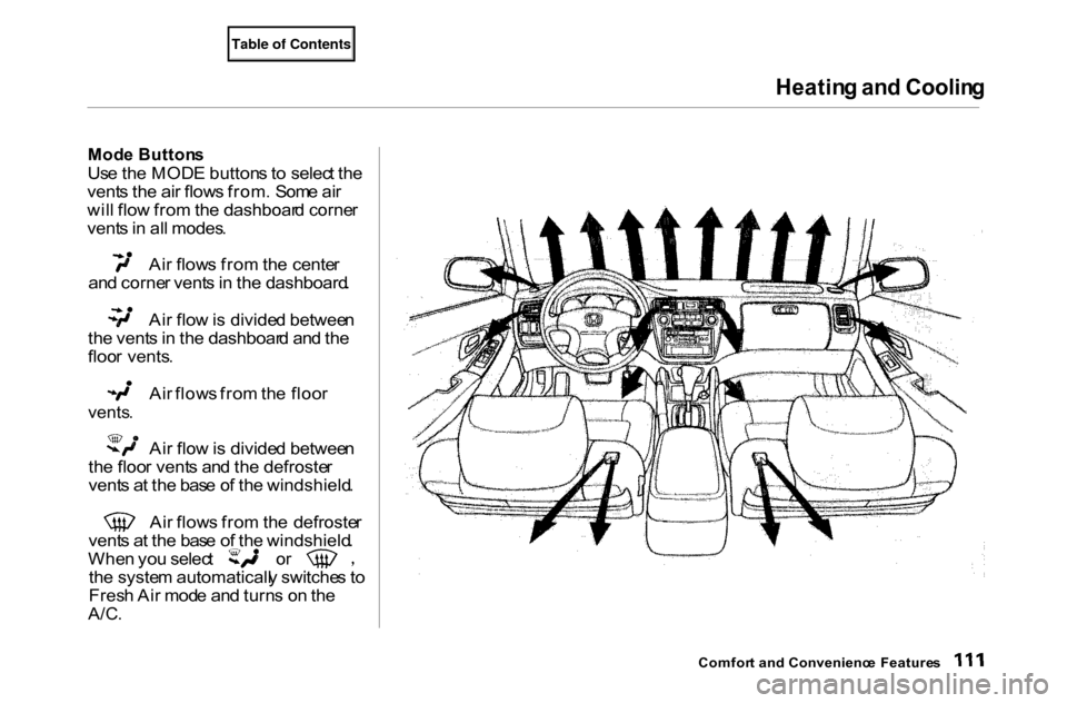 HONDA ACCORD COUPE 2000 CF / 6.G Owners Manual Heatin
g an d Coolin g

Mod e Button s

Us e th e MOD E button s t o  selec t th e
vent s th e ai r flow s from .  Som e ai r
wil l flo w fro m th e dashboar d corne r
vent s in  al l modes . Ai
r flo