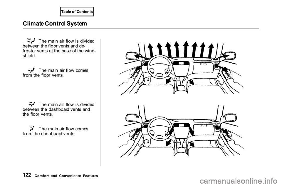 HONDA ACCORD COUPE 2000 CF / 6.G Owners Manual 
Climat
e Contro l Syste m Th
e mai n ai r flo w is  divide d
betwee n th e floo r vent s an d  de -
froste r vent s a t th e bas e o f th e wind -

shield .
 Th
e  mai n  ai r flo w  come s
fro m  th