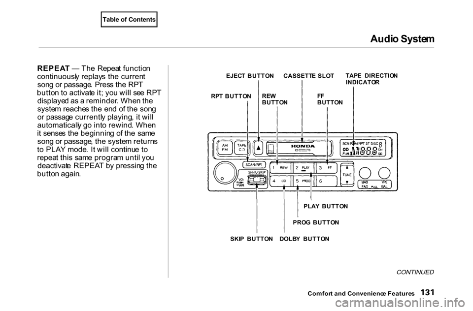 HONDA ACCORD COUPE 2000 CF / 6.G Owners Manual Audi
o Syste m

REPEA T —  Th e  Repea t functio n
continuousl y replay s th e curren t
son g o r passage . Pres s th e RP T
butto n t o activat e it ; yo u wil l se e RP T
displaye d a s a  reminde