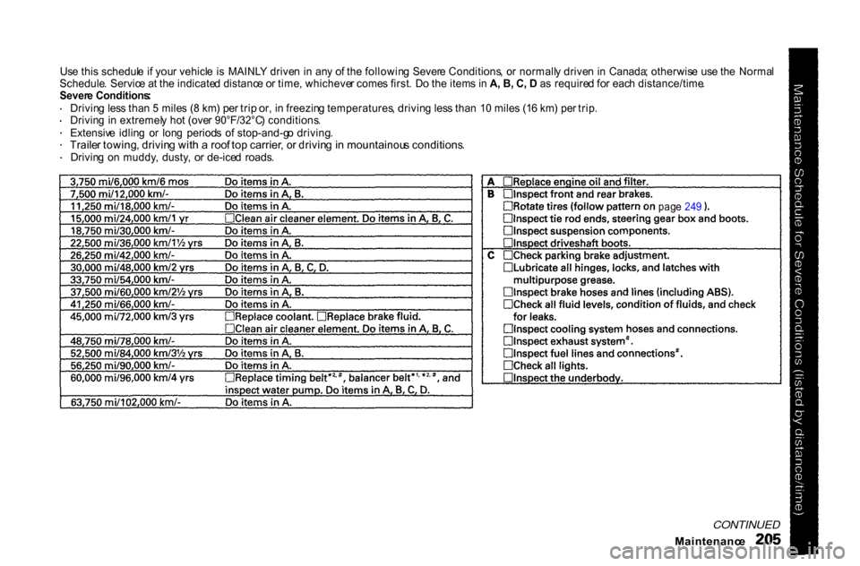 HONDA ACCORD COUPE 2000 CF / 6.G Owners Manual Use thi s schedul e i f you r vehicl e  i s  MAINL Y drive n  i n  an y o f th e followin g  Sever e Conditions , o r normall y drive n i n  Canada ; otherwis e  us e th e  Norma l
Schedule .  Servic 