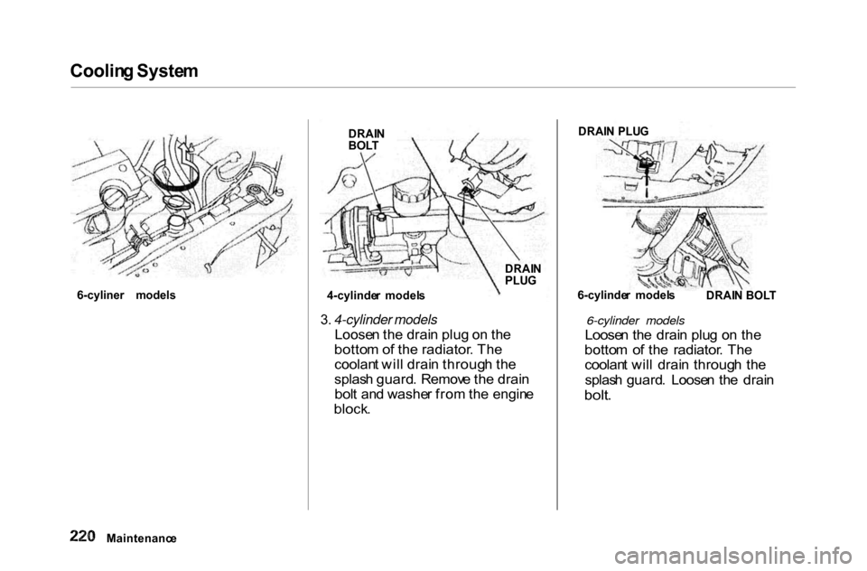 HONDA ACCORD COUPE 2000 CF / 6.G Owners Manual Coolin
g Syste m

6-cyliner   models

3. 4-cylinder models

Loose n th e drai n plu g o n th e
botto m o f th e radiator . Th e
coolan t wil l drai n throug h th e
splas h guard . Remov e th e drai n

