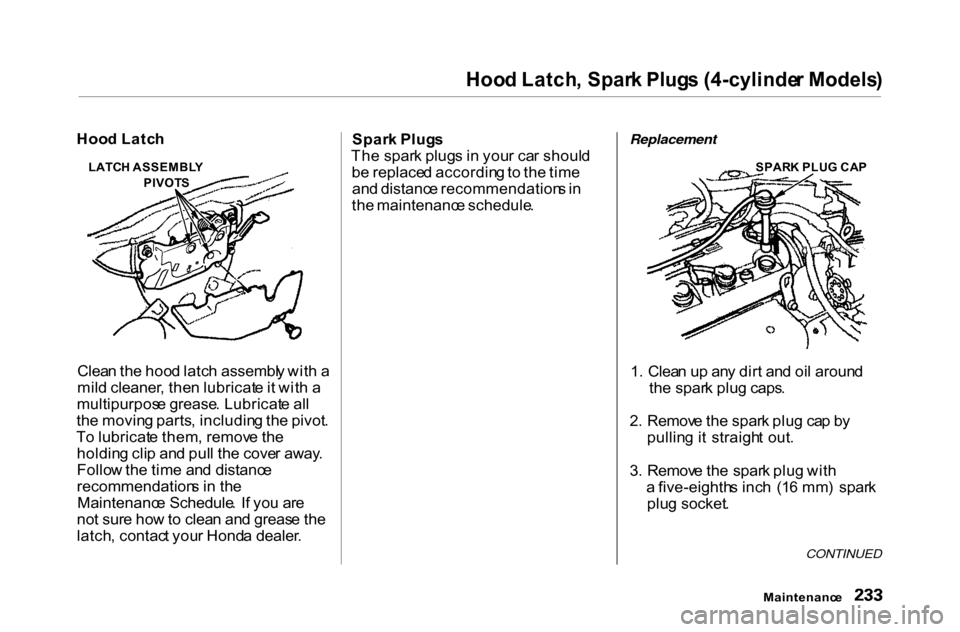 HONDA ACCORD COUPE 2000 CF / 6.G Owners Manual 
Hoo
d Latch , Spar k Plug s (4-cylinde r Models )

Clea n th e hoo d latc h assembl y wit h a
mil d cleaner , the n lubricat e it wit h a
multipurpos e grease . Lubricat e al l
th e movin g parts , i