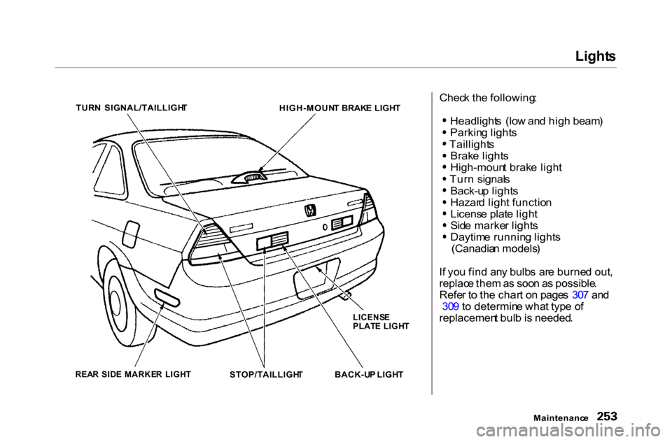 HONDA ACCORD COUPE 2000 CF / 6.G Owners Manual Light
s

Chec k th e following :
Headlight s  (lo w an d hig h beam )
Parkin g light s
Taillight s
Brak e light s
High-moun t brak e ligh t
Tur n  signal s
Back-u p light s
Hazar d ligh t functio n
Li