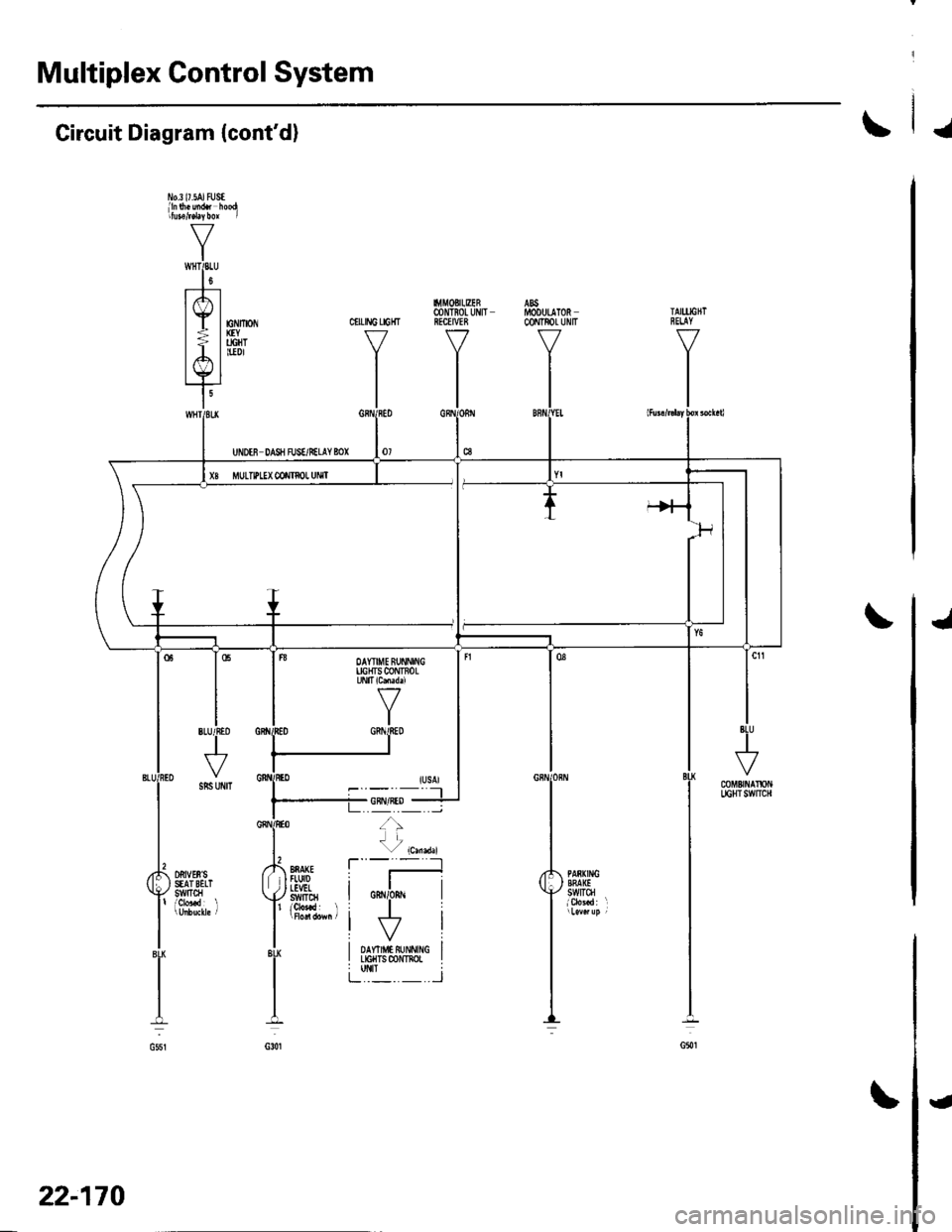 HONDA CIVIC 2002 7.G Workshop Manual Multiplex Control System
J
J
Circuit Diagram (contd)
l1o.3 l7.5AJ tUStlln$.uidt hoodritutefd4bor I
V
IwHTPLU
l0t--t---
lrfl |
lE lnv*-| > | ucHT
lA l*tYl
I
CIILING LIGHT
I.l|MOBItEER@NTIOL UIIITR
