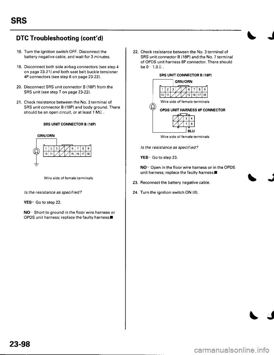 HONDA CIVIC 2003 7.G Workshop Manual sRs
18.
19.
20.
DTC Troubleshooting (contdl
Turn the ignition switch OFF. Disconnect the
battery negative cable. and wait for 3 minutes.
Disconnect both side airbag connectors (see step 4
on page 23-