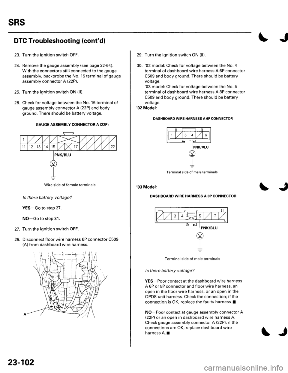 HONDA CIVIC 2003 7.G Workshop Manual sRs
23.
24.
DTC Troubleshooting (contdl
Turn the ignition switch OFF.
Remove the gauge assembly (see page 22-64l,.
With the connectors still connected to the gauge
assembly, backprobe the No. 15 ter