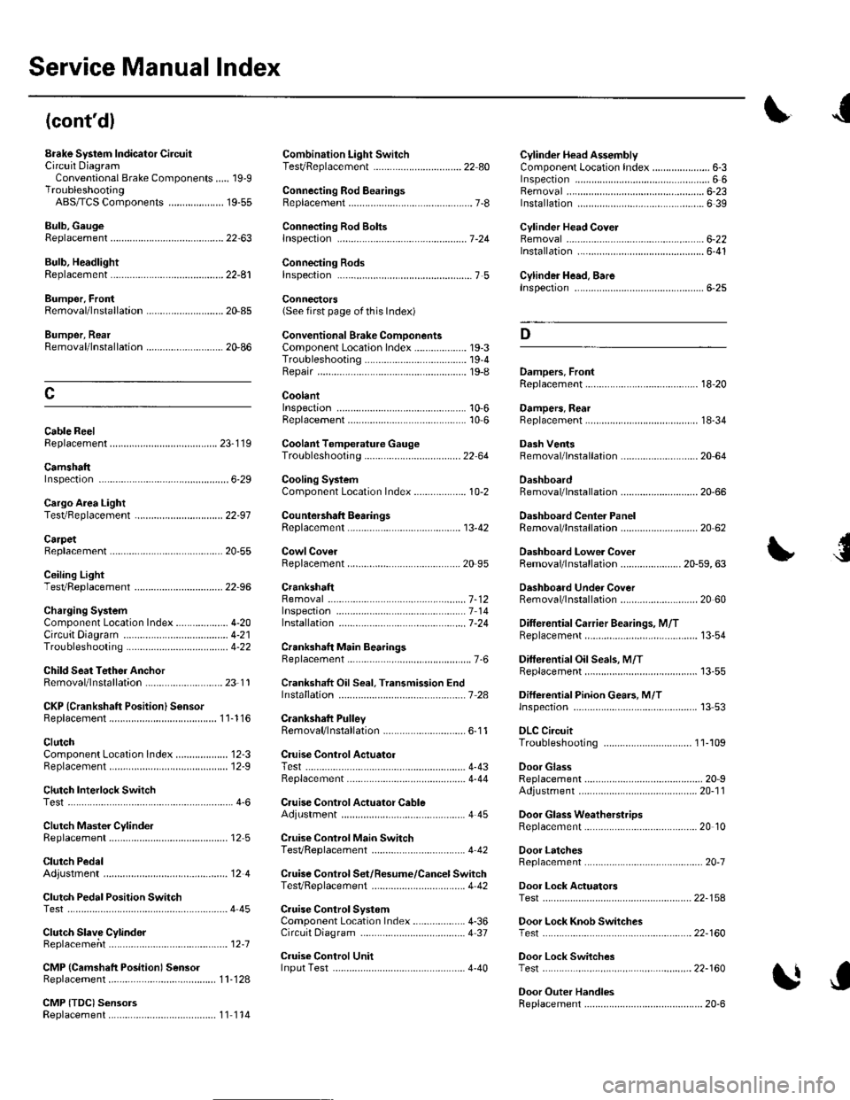 HONDA CIVIC 2003 7.G Workshop Manual Service Manual Index
(contdl
Brake System Indicator CircuitCircuit DiagramConventional Brake Components..... 19-9TroubleshootingABS/TCS Components .... ....... ...... 19-55
Bulb, GeugeRep|acemenl.... HONDA CIVIC 2003 7.G Workshop Manual Service Manual Index
(contdl
Brake System Indicator CircuitCircuit DiagramConventional Brake Components..... 19-9TroubleshootingABS/TCS Components .... ....... ...... 19-55
Bulb, GeugeRep|acemenl....