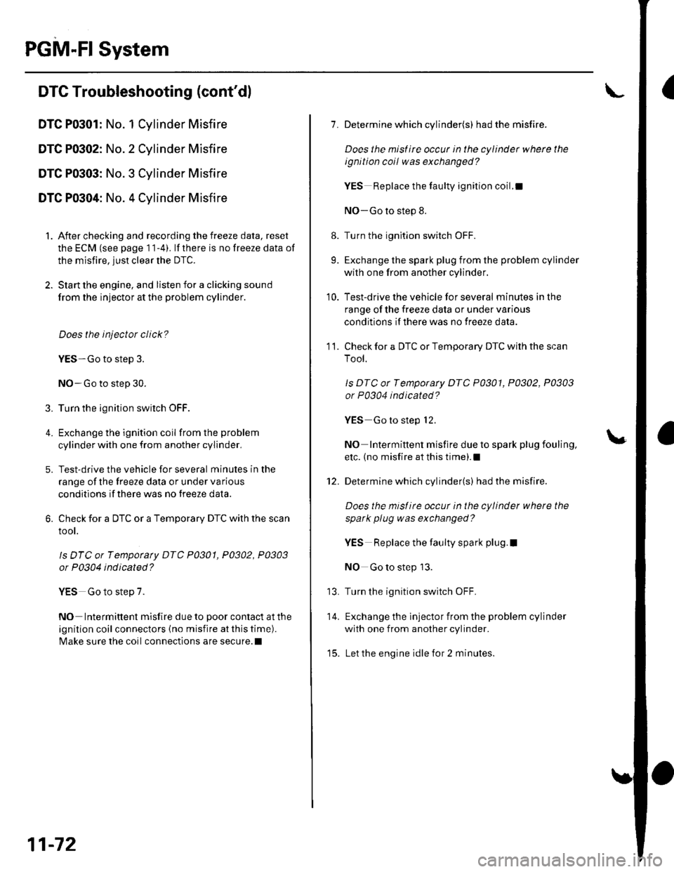 HONDA CIVIC 2003 7.G Workshop Manual PGM-FI System
IDTC Troubleshooting (contdl
DTC P0301: No. 1 Cylinder Misfire
DTC P0302: No. 2 Cylinder Misfire
DTC P0303: No. 3 Cylinder Misfire
DTC P0304: No. 4 Cylinder Misfire
1. After checking an HONDA CIVIC 2003 7.G Workshop Manual PGM-FI System
IDTC Troubleshooting (contdl
DTC P0301: No. 1 Cylinder Misfire
DTC P0302: No. 2 Cylinder Misfire
DTC P0303: No. 3 Cylinder Misfire
DTC P0304: No. 4 Cylinder Misfire
1. After checking an