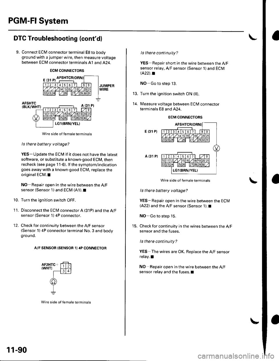 HONDA CIVIC 2003 7.G Workshop Manual PGM-FI System
DTC Troubleshooting (contdl
9. Connect ECM connector terminal EStobodyground with a jumper wire, then measure voltage
between ECM connector terminals A1 and 424.
ECM CONNECTORS
Wire sid HONDA CIVIC 2003 7.G Workshop Manual PGM-FI System
DTC Troubleshooting (contdl
9. Connect ECM connector terminal EStobodyground with a jumper wire, then measure voltage
between ECM connector terminals A1 and 424.
ECM CONNECTORS
Wire sid