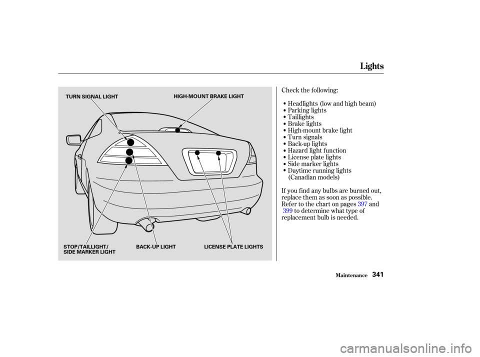 HONDA ACCORD COUPE 2003 CL7 / 7.G Owners Manual Check the f ollowing:Headlights (low and high beam)
Parking lights
Taillights
Brake lights
High-mount brake light
Turn signals
Back-up lights
Hazard light f unction
License plate lights
Side marker li