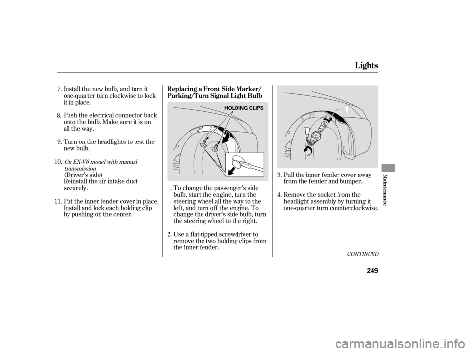 HONDA ACCORD COUPE 2006 CL7 / 7.G Owners Manual Pull the inner f ender cover away
f rom the f ender and bumper.
Remove the socket from the
headlight assembly by turning it
one-quarter turn counterclockwise.
Install the new bulb, and turn it
one-qua HONDA ACCORD COUPE 2006 CL7 / 7.G Owners Manual Pull the inner f ender cover away
f rom the f ender and bumper.
Remove the socket from the
headlight assembly by turning it
one-quarter turn counterclockwise.
Install the new bulb, and turn it
one-qua