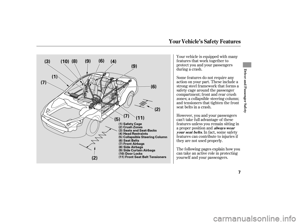 HONDA ACCORD COUPE 2006 CL7 / 7.G Owners Manual Your vehicle is equipped with many
features that work together to
protect you and your passengers
during a crash.
Some f eatures do not require any
action on your part. These include a
strong steel f HONDA ACCORD COUPE 2006 CL7 / 7.G Owners Manual Your vehicle is equipped with many
features that work together to
protect you and your passengers
during a crash.
Some f eatures do not require any
action on your part. These include a
strong steel f