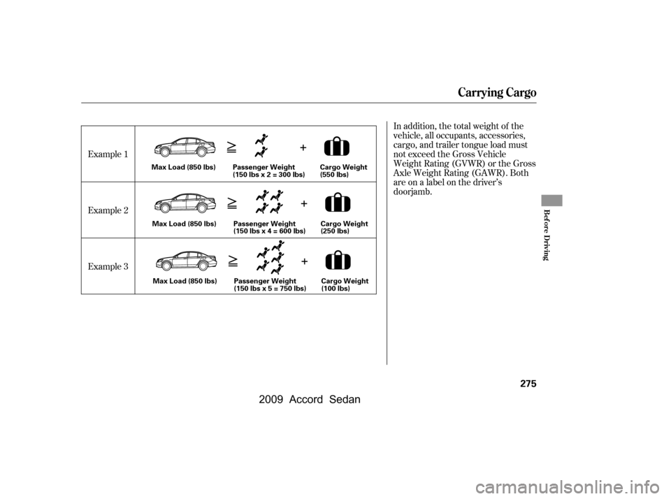 HONDA ACCORD COUPE 2009 8.G Owners Manual In addition, the total weight of the 
vehicle, all occupants, accessories,
cargo, and trailer tongue load must
not exceed the Gross Vehicle
Weight Rating (GVWR) or the Gross
Axle Weight Rating (GAWR).