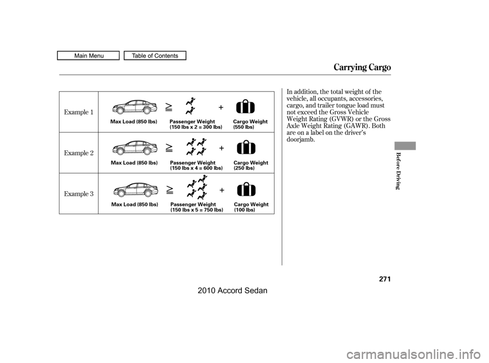 HONDA ACCORD COUPE 2010 8.G Owners Manual In addition, the total weight of the 
vehicle, all occupants, accessories,
cargo, and trailer tongue load must
not exceed the Gross Vehicle
Weight Rating (GVWR) or the Gross
Axle Weight Rating (GAWR).