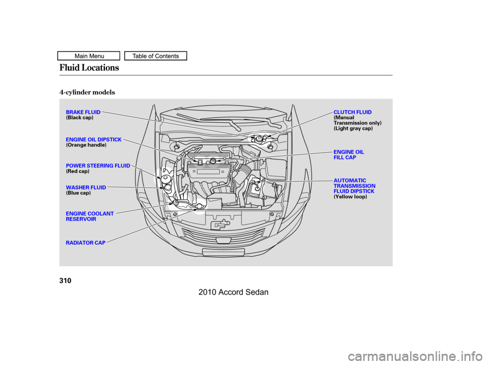 HONDA ACCORD COUPE 2010 8.G Owners Manual Fluid Locations
4-cylinder models
310
ENGINE OIL FILL CAP 
CLUTCH FLUID (ManualTransmission only)(Light gray cap) 
AUTOMATIC TRANSMISSIONFLUID DIPSTICK(Yellow loop)
BRAKE FLUID(Black cap) 
ENGINE OIL 