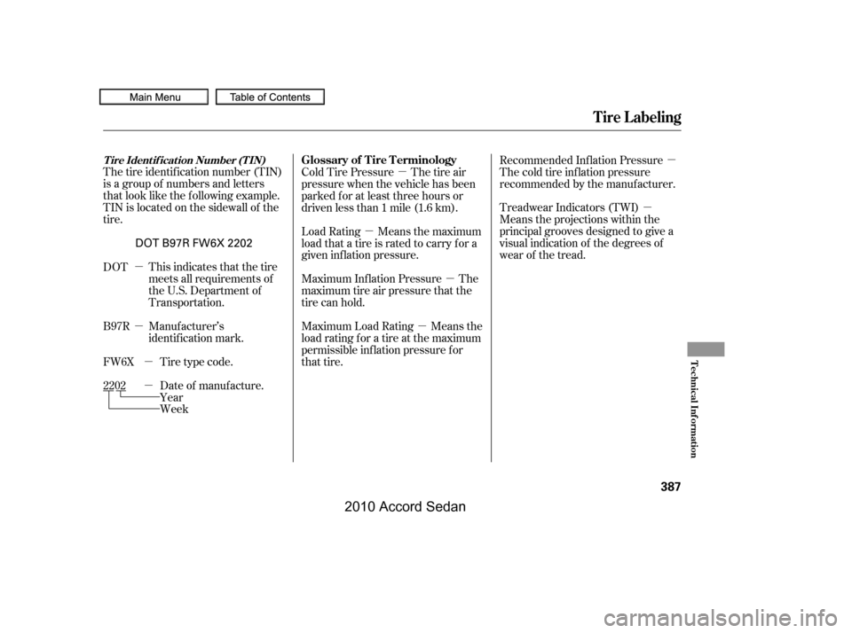 HONDA ACCORD COUPE 2010 8.G Owners Manual µ
µ
µ
µ
µ
µ
µ 
µ
µ
µ
Tire type code.
Date of manufacture. 
Year
Week
The tire identif ication number (TIN)
is a group of numbers and letters
that look like the f ollowing example.
