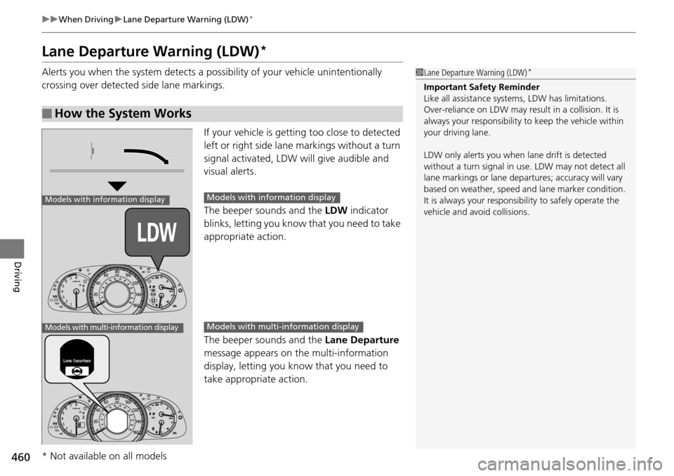 HONDA ACCORD COUPE 2014 9.G Owners Manual 460
uuWhen Driving uLane Departure Warning (LDW)*
Driving
Lane Departure Warning (LDW)*
Alerts you when the system  detects a possibility of your vehicle unintentionally 
crossing over detected side l