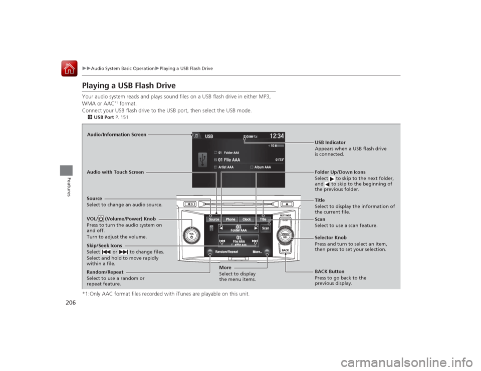 HONDA ACCORD COUPE 2015 9.G Owners Manual 206
uuAudio System Basic Operation uPlaying a USB Flash Drive
Features
Playing a USB Flash DriveYour audio system reads and plays s ound files on a USB flash drive in either MP3, 
WMA or AAC
*1 format