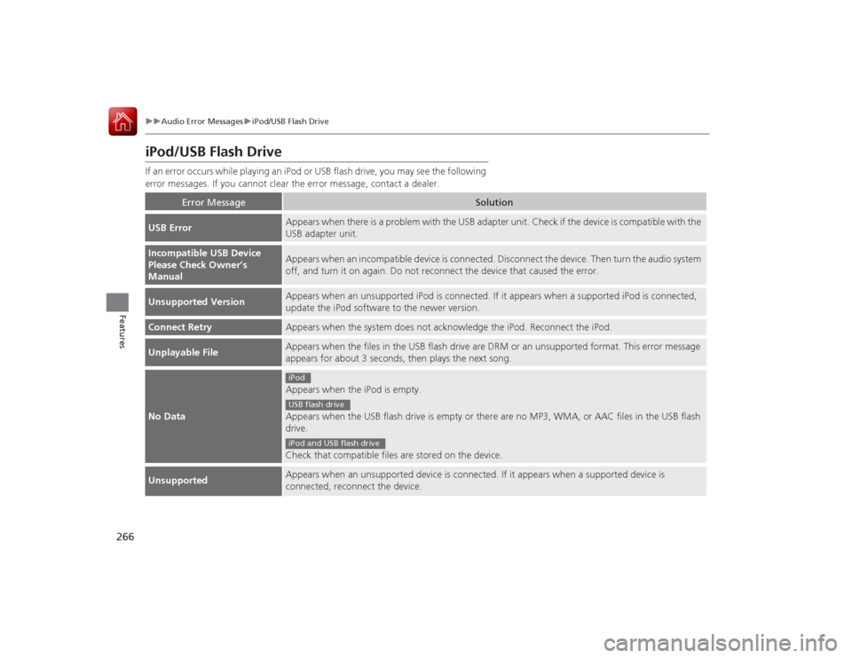 HONDA ACCORD COUPE 2015 9.G Owners Manual 266
uuAudio Error Messages uiPod/USB Flash Drive
Features
iPod/USB Flash DriveIf an error occurs while pl aying an iPod or USB flash drive, you may see the following 
error messages. If you cannot cle