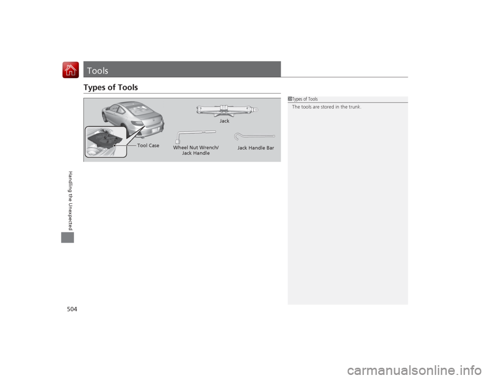 HONDA ACCORD COUPE 2015 9.G Owners Manual 504Handling the Unexpected
ToolsTypes of Tools
1Types of Tools
The tools are stored in the trunk.
Wheel Nut Wrench/
Jack Handle Jack
Jack Handle Bar
Tool Case 