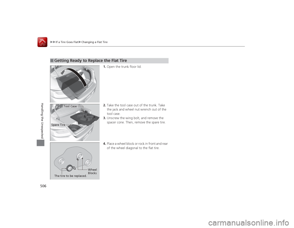 HONDA ACCORD COUPE 2015 9.G Owners Manual 506
uuIf a Tire Goes Flat uChanging a Flat Tire
Handling the Unexpected
1. Open the trunk floor lid.
2. Take the tool case out of the trunk. Take 
the jack and wheel nut wrench out of the 
tool case.
