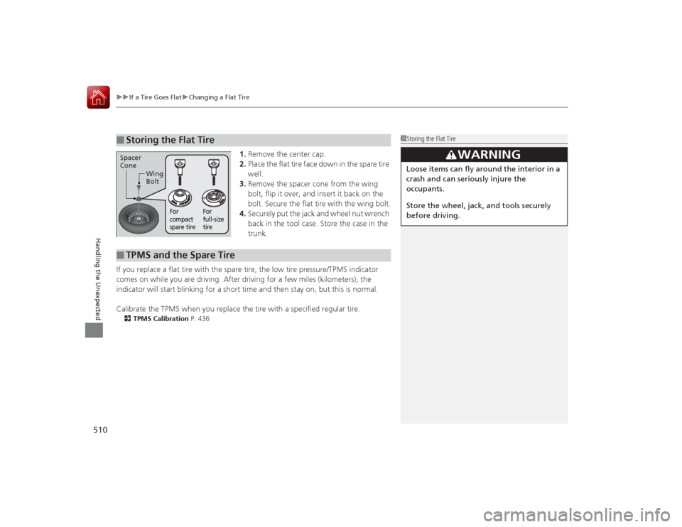 HONDA ACCORD COUPE 2015 9.G Owners Manual uuIf a Tire Goes Flat uChanging a Flat Tire
510Handling the Unexpected
1. Remove the center cap.
2. Place the flat tire face down in the spare tire 
well.
3. Remove the spacer cone from the wing 
bolt
