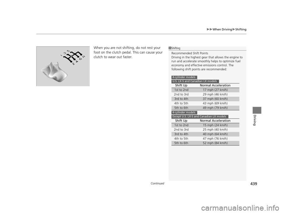 HONDA ACCORD COUPE 2016 9.G Owners Manual Continued439
uuWhen Driving uShifting
Driving
When you are not shifting, do not rest your 
foot on the clutch pedal. This can cause your 
clutch to wear out faster.1Shifting
Recommended Shift Points
D