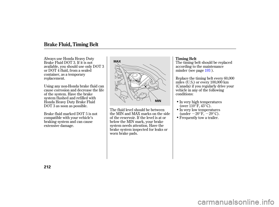 HONDA ACCORD HYBRID 2007 CL7 / 7.G Owners Manual µµ
The timing belt should be replaced
according to the maintenance
minder (see page ).
Replace the timing belt every 60,000
miles (U.S.) or every 100,000 km
(Canada) if you regularly drive your
ve HONDA ACCORD HYBRID 2007 CL7 / 7.G Owners Manual µµ
The timing belt should be replaced
according to the maintenance
minder (see page ).
Replace the timing belt every 60,000
miles (U.S.) or every 100,000 km
(Canada) if you regularly drive your
ve