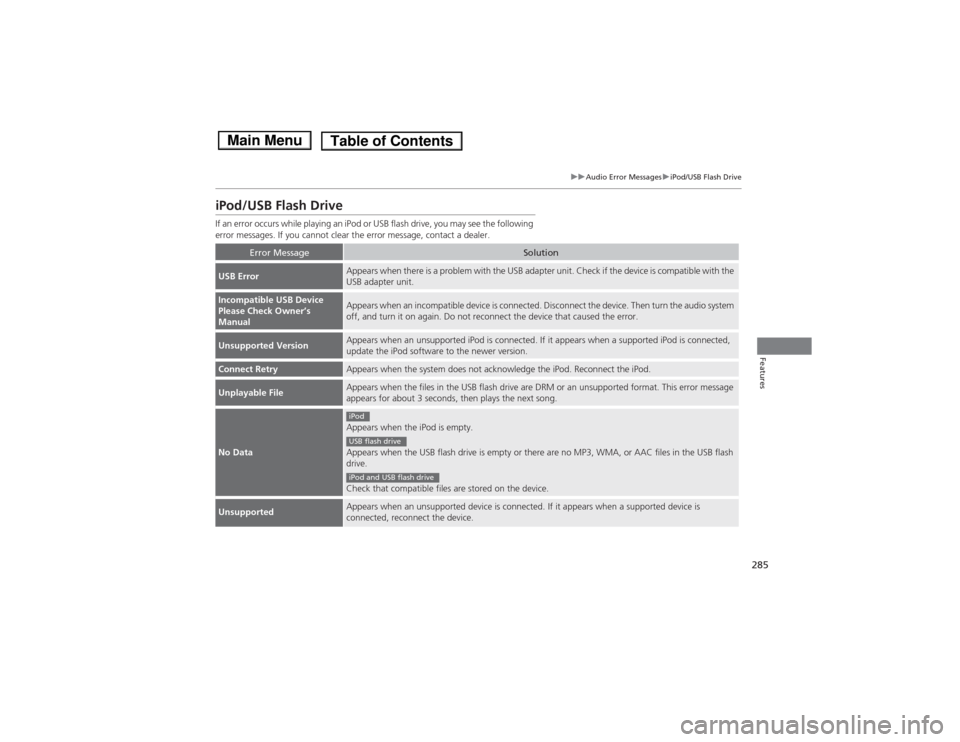 HONDA ACCORD HYBRID 2014 9.G Owners Manual 285
uuAudio Error MessagesuiPod/USB Flash Drive
Features
iPod/USB Flash Drive 
If an error occurs while playing an iPod or USB flash drive, you may see the following 
error messages. If you cannot cle