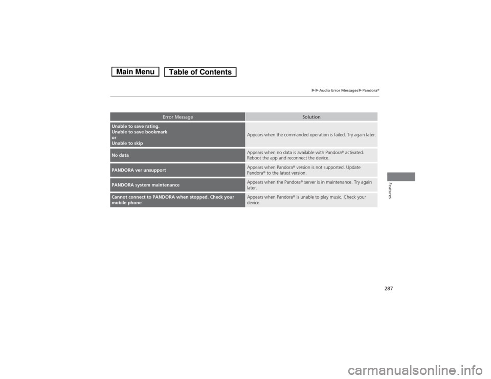 HONDA ACCORD HYBRID 2014 9.G Owners Manual 287
uuAudio Error MessagesuPandora®
Features
Error MessageSolution
Unable to save rating. 
Unable to save bookmark or 
Unable to skip
Appears when the commanded operation is failed. Try again later.
