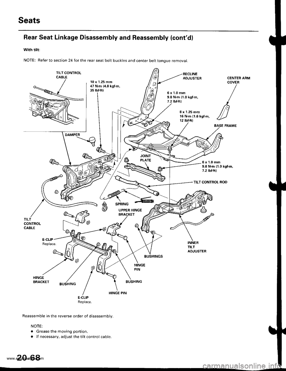 HONDA CR-V 1999 RD1-RD3 / 1.G Workshop Manual 
Seats
Rear Seat Linkage Disassembly and Reassembly (contd)
with tilt:
NOTE: Refer to section 24 for the rear seat belt buckles and center belt tongue removal
TILT CONTFOLCABLE10 x 1.25 mm47 N.m {i1.
