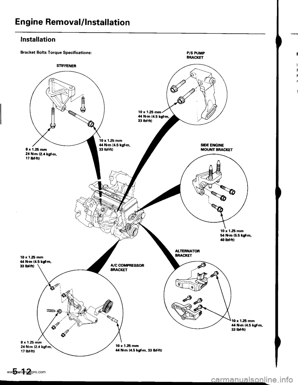 HONDA CR-V 1999 RD1-RD3 / 1.G Workshop Manual 
En gine Removal/lnstallation
Installation
Bracket Bolts Torque Specifications:
10 x 125 mmil,a t*m {4.5 tgtm,d, tbtft)
8 r 1.25 mm24 N.m 12.4 kg{.m;17 tbt frl
10 x 1.25 mrn,L il.tn {1.5 tgt m, :|:l 