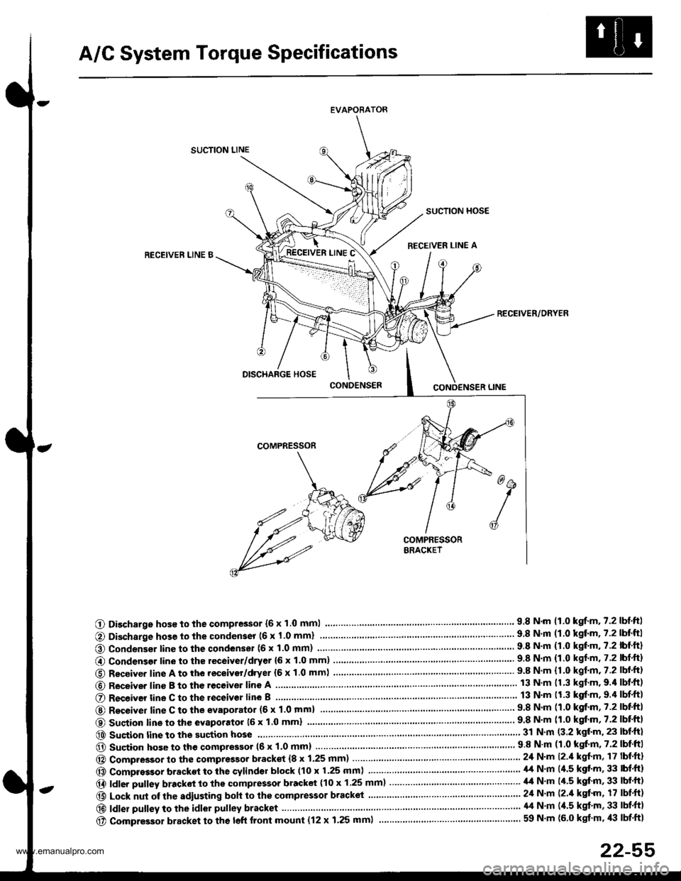 HONDA CR-V 1999 RD1-RD3 / 1.G Workshop Manual 
A/C System Torque Specifications
EVAPORATOR
SUCTION LINE
SUCTION HOSE
RECEIVER LINE ARECEIVEN LINE B
RECEIVER/ORYER
O Discharge hos€ to the compressor {6 x 1.0 mml.... 9.8 N.m 11.0 kgrf.m.7.2lbtftl