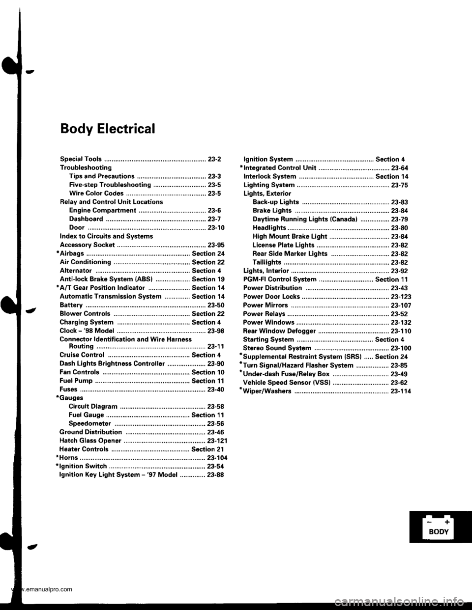 HONDA CR-V 1999 RD1-RD3 / 1.G Workshop Manual 
Body Electrical
Speciaf Toofs ,...,..,.............-.23-2
Troubleshooting
Tips and Precautions ......,.,..........,.................. 23-3
Five-step Troubleshooting ........,.,.,...,,.,......... 23-5