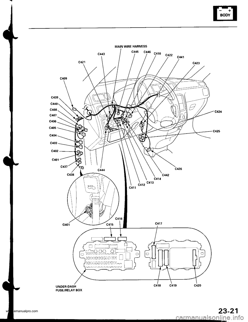 HONDA CR-V 1998 RD1-RD3 / 1.G Workshop Manual 
MAIN WIRE HARNESS
dn cntt
I -:-
--r F -L-1al 1l}a] /la -n-rrr---rrr -
c115 cla6 c+to "n,
UNDER-DASHFUSE/BELAY BOX
www.emanualpro.com  