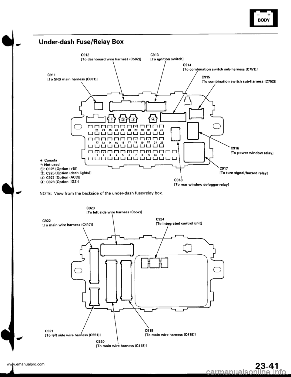 HONDA CR-V 1999 RD1-RD3 / 1.G Workshop Manual 
Under-dash Fuse/Relay Box
c912lTo dashboard wire harness {C502ll
a; Canada
i -: C927 loption {ACCll
141: C928 lOption (lG2)l
NOTEr View from the backside of the under-dash tuse/relay box.
c919lTo ma