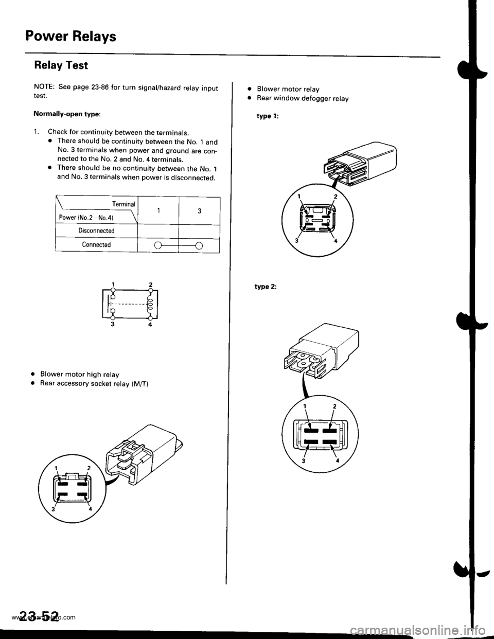 HONDA CR-V 1999 RD1-RD3 / 1.G Workshop Manual 
Power Relays
Relay Test
NOTE: See page 23-86 for turn signal/hazard relay inputIESI.
Normally-opon type:
1. Check for continuity between the terminats.. There should be continuity between the No. I 