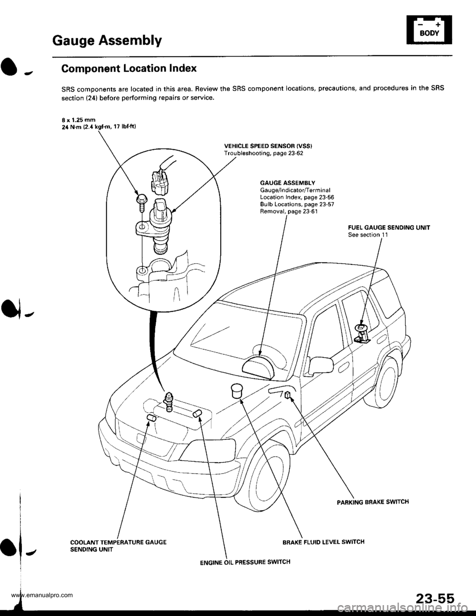 HONDA CR-V 1999 RD1-RD3 / 1.G Workshop Manual 
Gauge Assembly
Component Location Index
SRS components are located in this area. Review the SRS component locations, precautions, and procedures in the SRS
section {24} before performing repairs or s