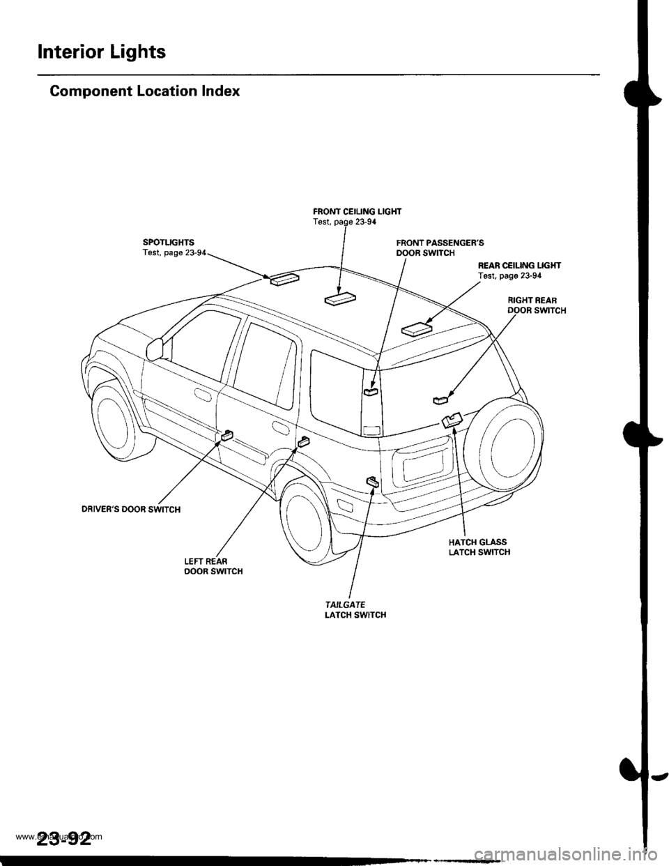 HONDA CR-V 1999 RD1-RD3 / 1.G Workshop Manual 
Interior Lights
Component Location Index
SPOTLIGHTSTest, page
DRIVERS DOOR SWITCH
LEFT REARoooR swtTcH
FRONT CEILING LIGHTTest, page 23-94
FRONT PASSENGERSDOOR SWITCH
REAR CCILING LIGI{TTest, page 