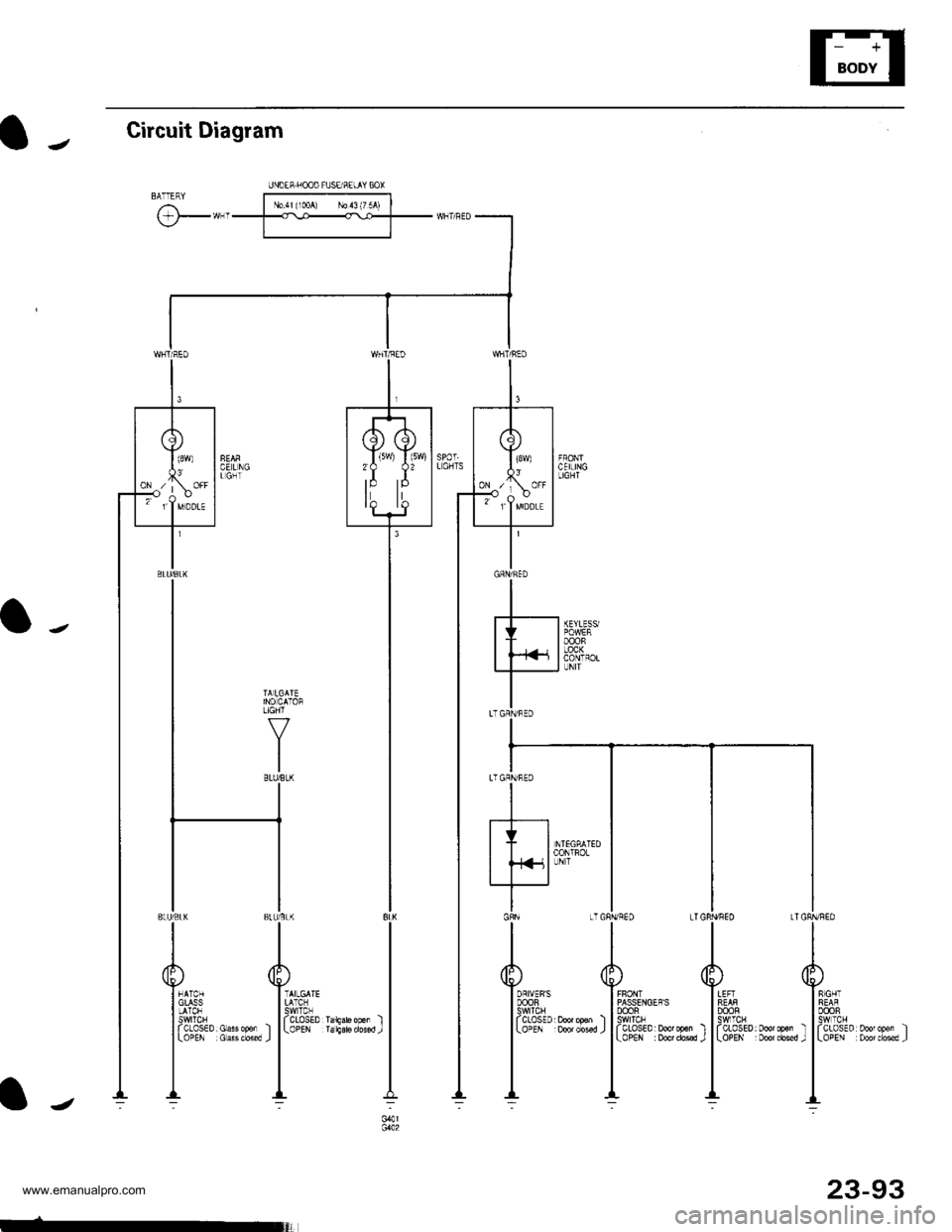 HONDA CR-V 1999 RD1-RD3 / 1.G Workshop Manual 
IJ
o-,
lJ
Circuit Diagram
UNOER.I]OOO FUSERELIY BOXBA--FqY [t..*;;;;l
\:/-*-.........-=_Fn-.,,
t_* d,*^*
I 
r"$$i,,,,,*,, 
Iii{il 
"r**I
lt
I
.-" Iuffi**,".",
-
LTG
(I/f\\9/I FRoNTI PASSENGEFS| 