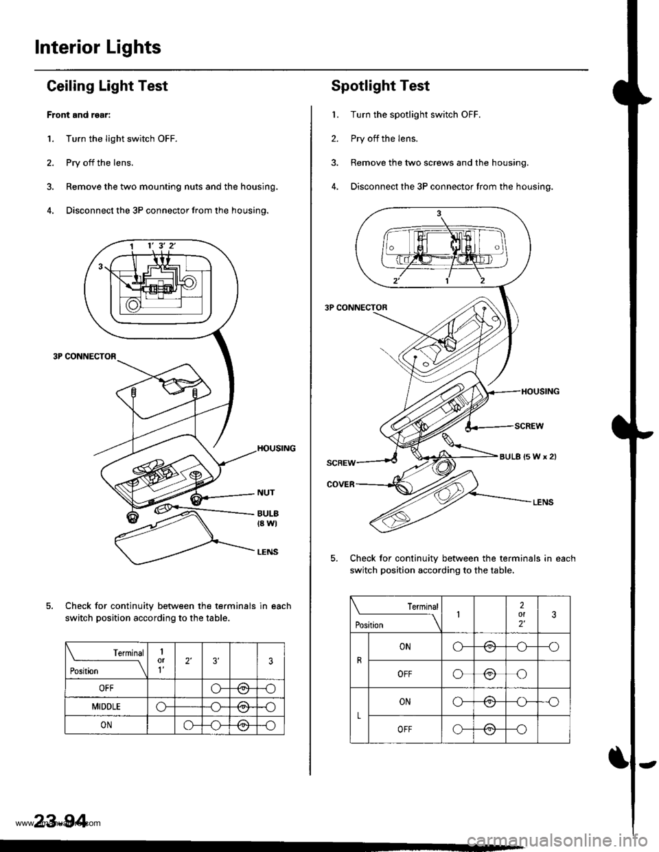 HONDA CR-V 1999 RD1-RD3 / 1.G Workshop Manual 
Interior Lights
Ceiling Laght Test
Front and rgar:
1. Turn the light switch OFF.
2. Pry off the lens.
3. Remove the two mounting nuts and the housing.
4. Disconnect the 3P connector from the housing.