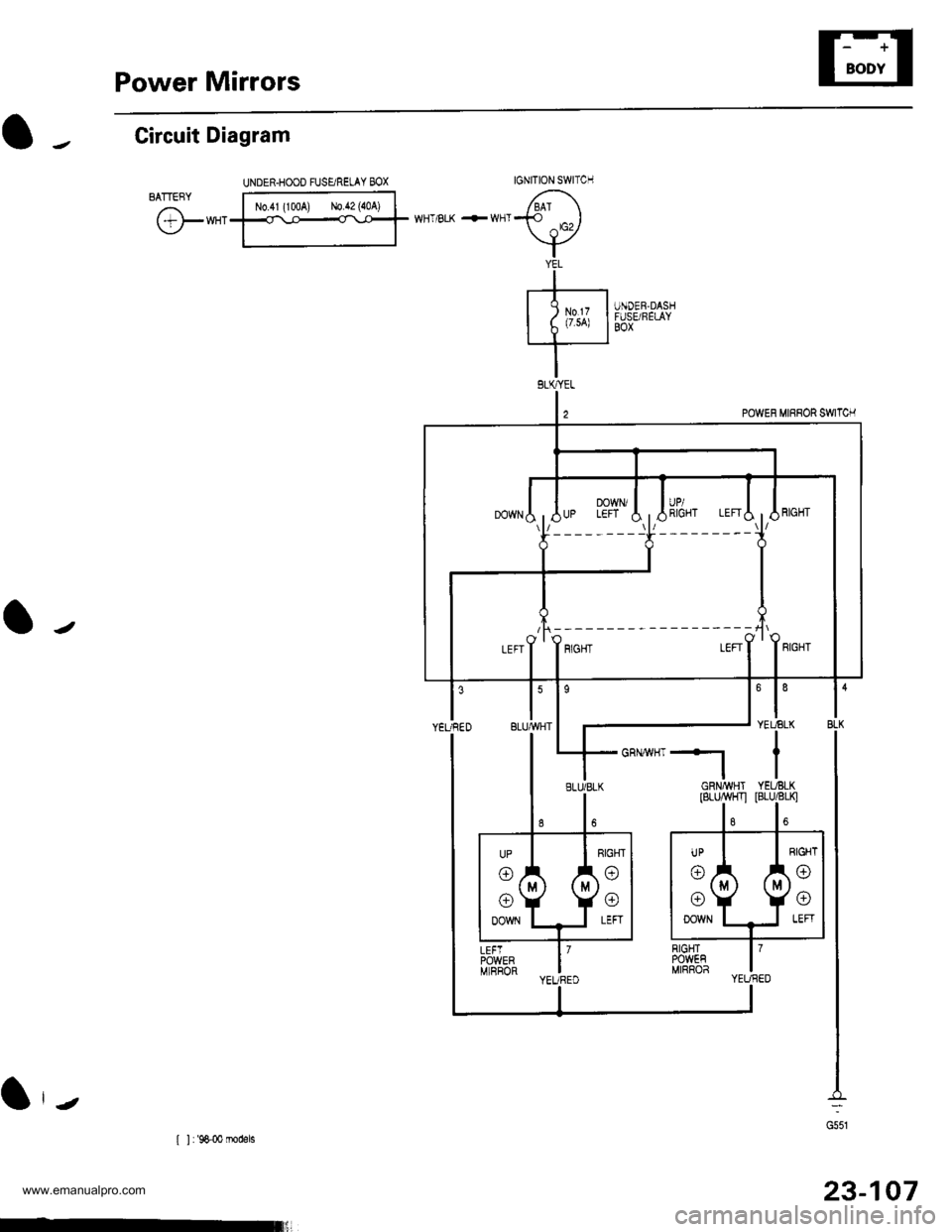 HONDA CR-V 1999 RD1-RD3 / 1.G Workshop Manual 
Power Mirrors
Circuit Diagram
IGNITION SWITCH
lBAI \-€l ^rc2l.Y
YEL
I
-t----t
I lu.x I
IBLKIryEL
@"*
POWEN MIRRON SWTCH
UNDER,DASHFUSE/RELAYB0x
GRN vHT +l
35
BLK
-:
G551
l,-
[ ] : 9&00 rnodels
U
