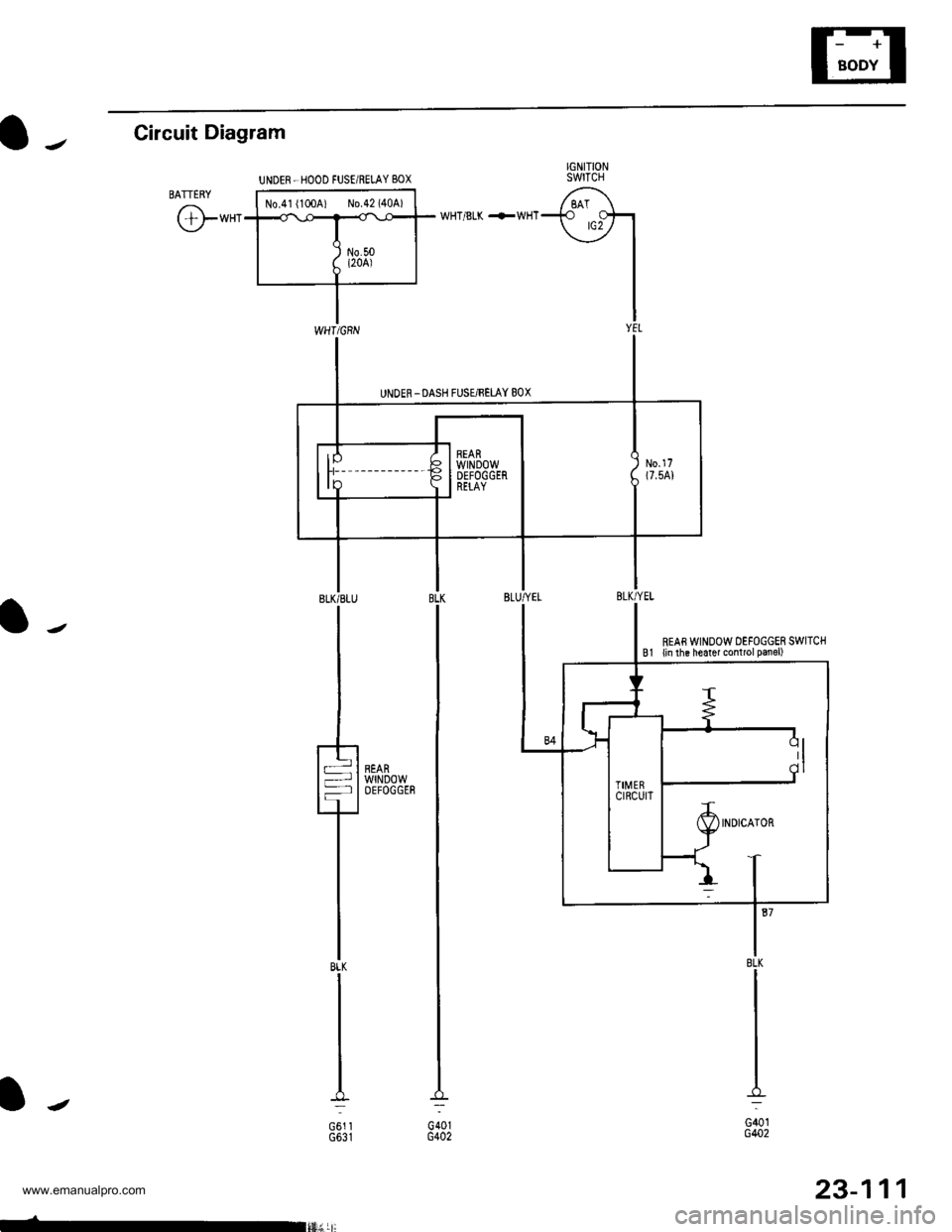 HONDA CR-V 1999 RD1-RD3 / 1.G Workshop Manual 
EI
IGNITIONSWTCH
-f "r?h\_--, I
I
I
I
WHT/8LK +WHT
a-Circuit Diagram
BATTERY
@-*"
l-
IJ
l"8LK
G401G402
N0.41 {100A) N0.42 (404)
UNDER-HOOD FUSE/REI-AY BOX
REAs WINDOW DEFOGGER SWITCHB1 {in ihe heate