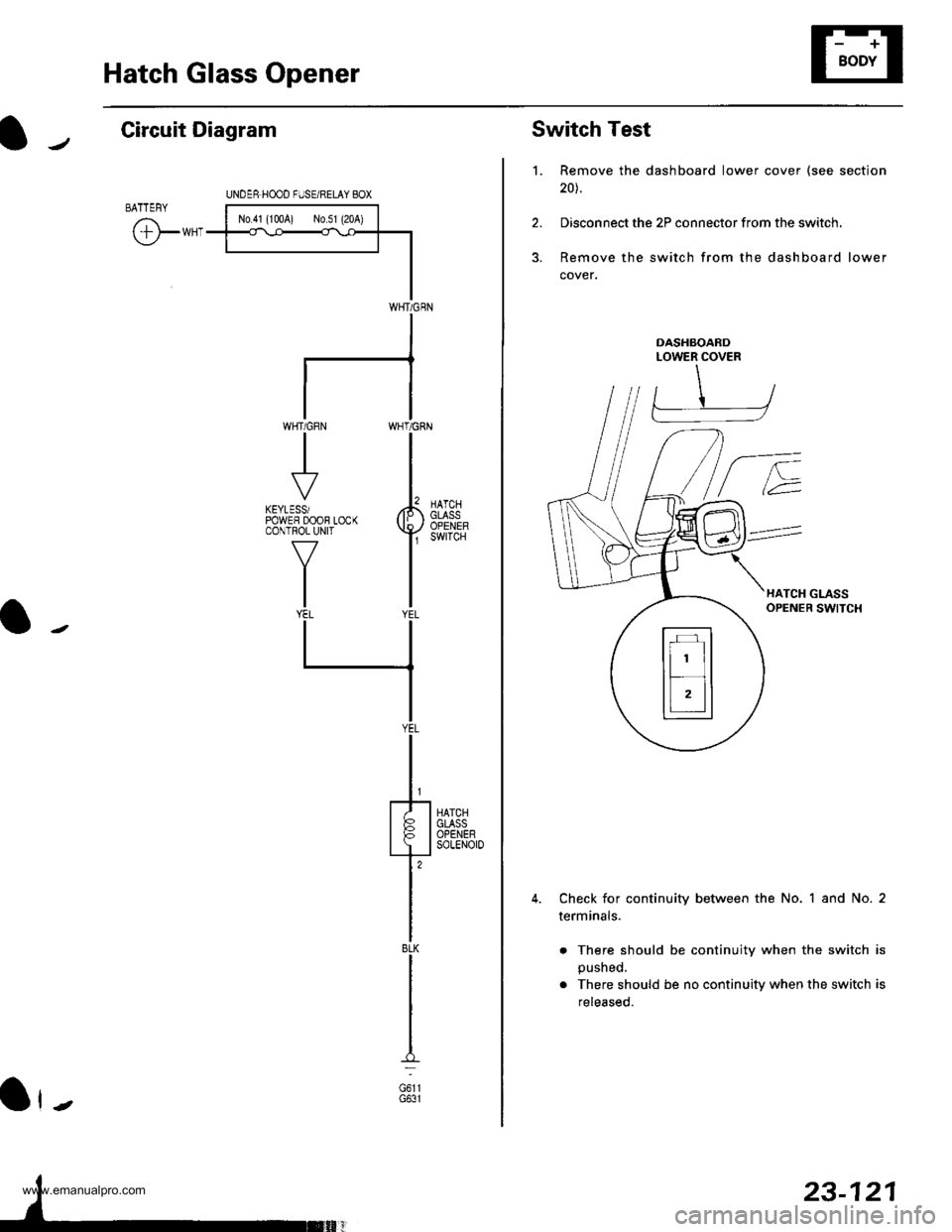 HONDA CR-V 1999 RD1-RD3 / 1.G Workshop Manual 
Hatch Glass Opener
Circuit Diagram
BATTEFY
@*"
UNDER.H@D FUSE/RELAY BOX
|-*;rr^!...,r,*;l.......1<\o<
+l
I
I
IWHT/GRN
WHT/GRN
II
rt
KEYLESSiPOWEF DOOB LOCKCONTROL UNIT
V
IIIYEL
HATCHGLASSOPENERsoLEN