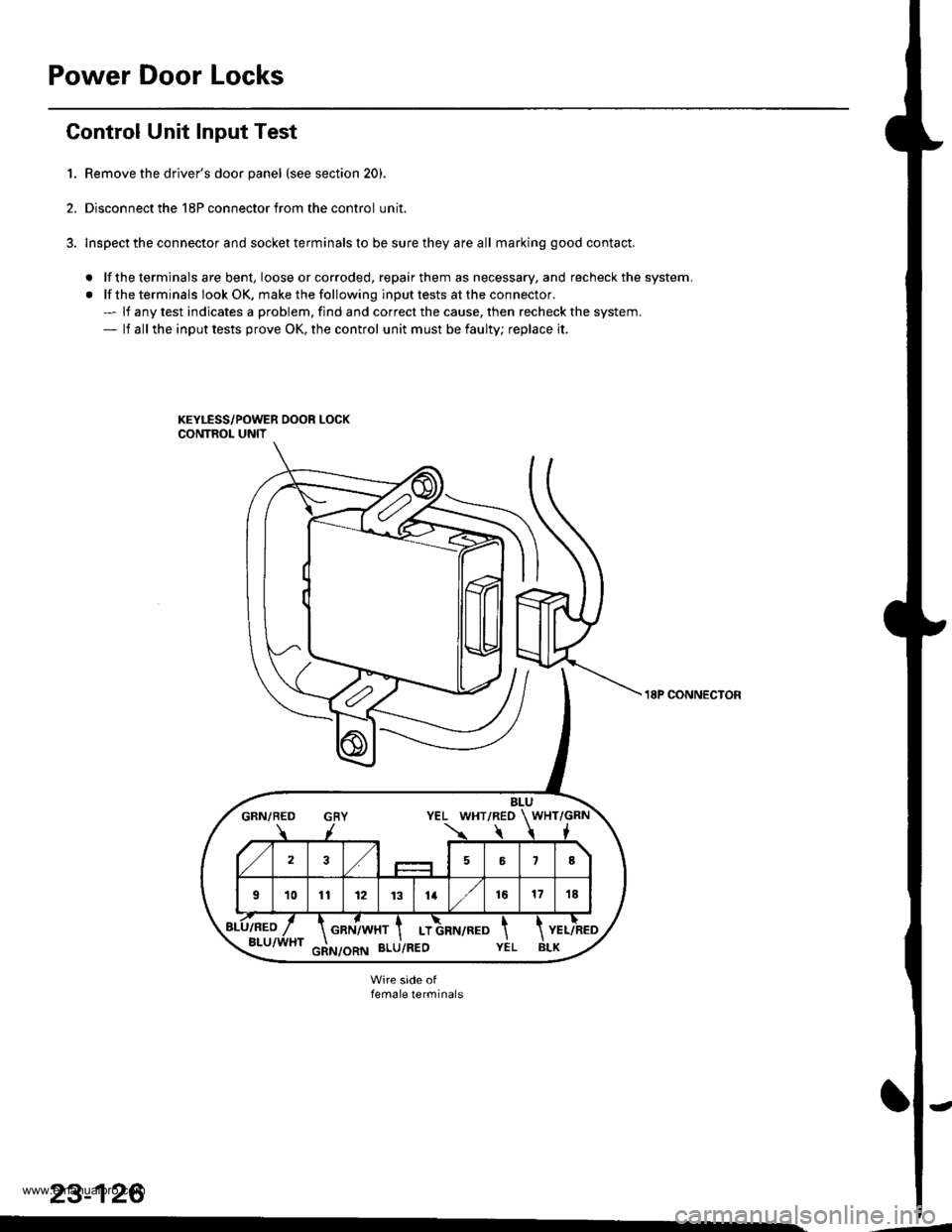 HONDA CR-V 1999 RD1-RD3 / 1.G Workshop Manual 
Power Door Locks
Gontrol Unit Input Test
1. Remove the drivers door panel (see section 20).
2. Disconnect the 18P connector from the control unit.
3. lnspect the connector and socket terminals to be