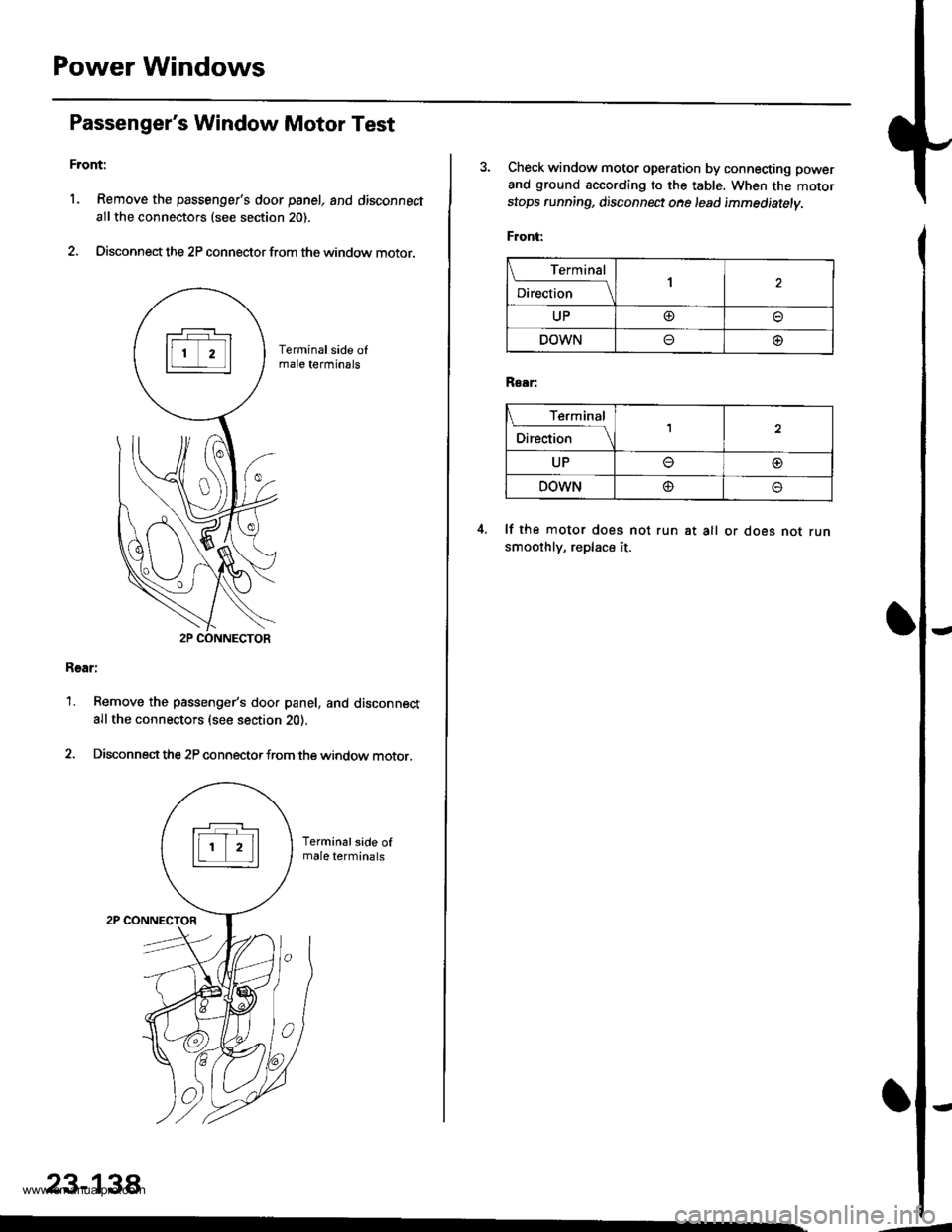 HONDA CR-V 1999 RD1-RD3 / 1.G Workshop Manual 
Power Windows
Passengers Window Motor Test
Front:
l. Remove the passengers door panel, and disconnect
allthe connectors (see section 20).
2. Disconnect the 2P connector from the window motor.
Rear: