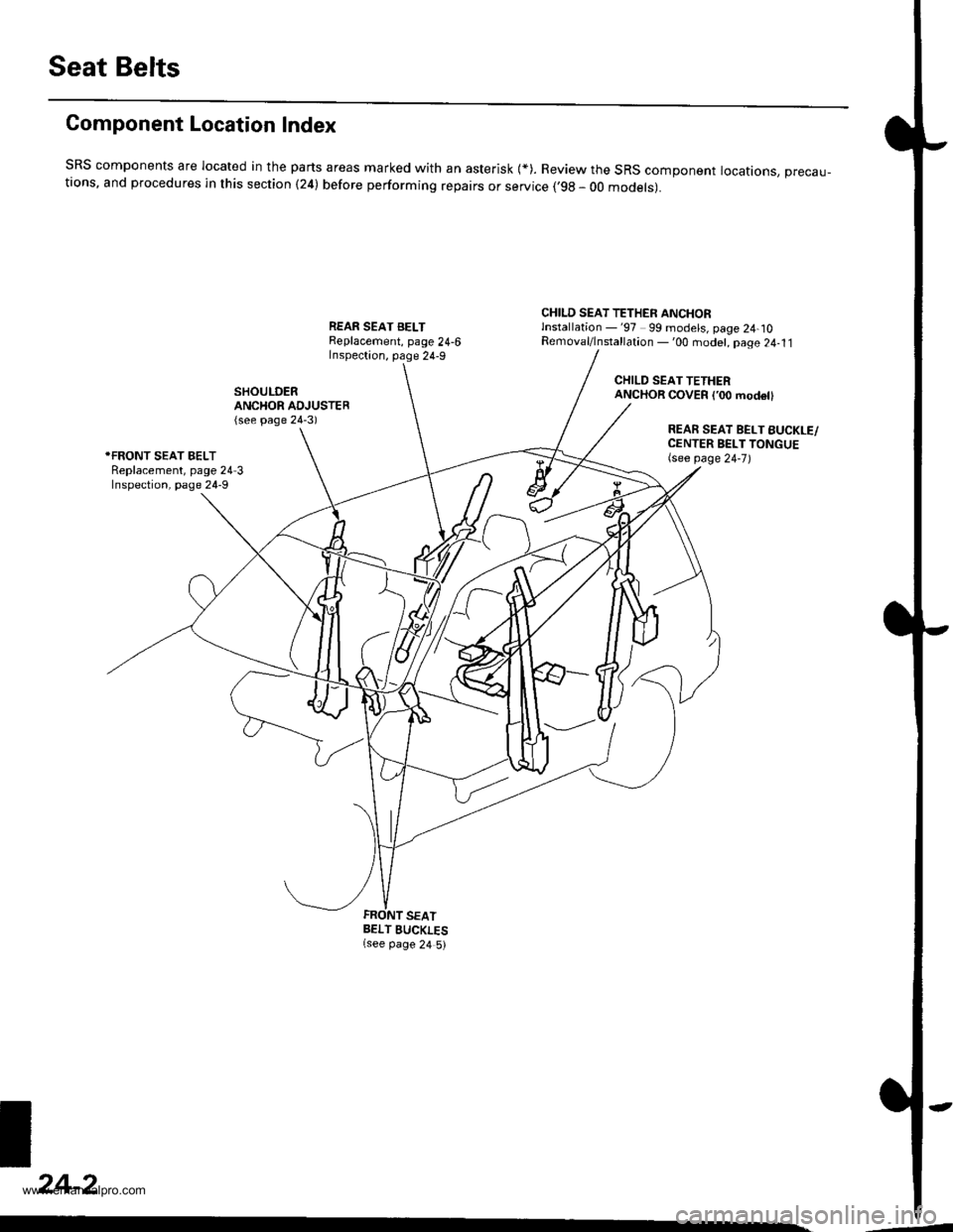 HONDA CR-V 1997 RD1-RD3 / 1.G Workshop Manual 
Seat Belts
Component Location Index
SRS components are located in the parts areas marked with an asterisk {*). Review the SRS component locauons, precau-tions, and procedures in this section (24) bef