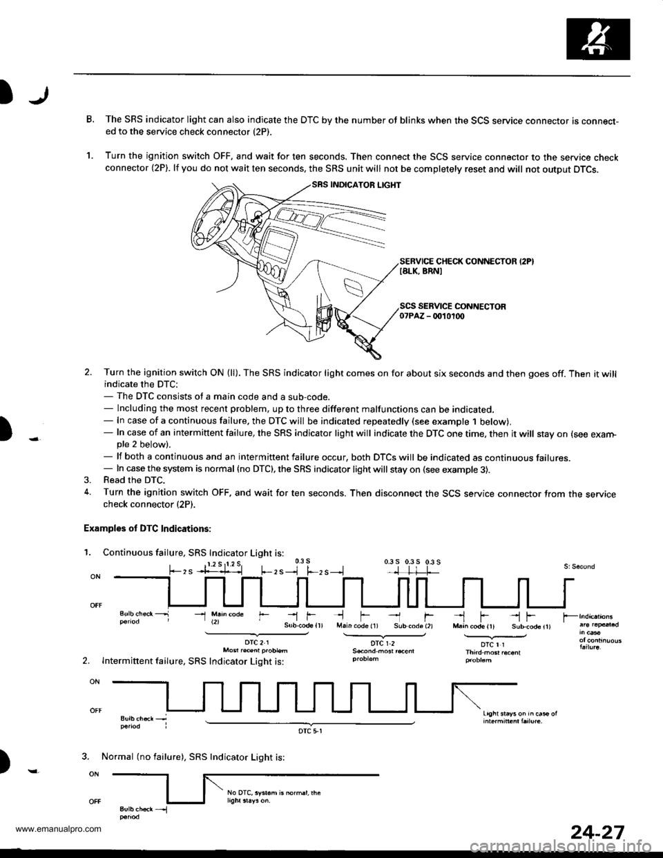 HONDA CR-V 1999 RD1-RD3 / 1.G Workshop Manual
)
B.The SRS indicator light can also indicate the DTC by the number oJ blinks when the SCS service connector is connecr-ed to the service check connector (2P).
Turn the ignition switch OFF, and wait HONDA CR-V 1999 RD1-RD3 / 1.G Workshop Manual
)
B.The SRS indicator light can also indicate the DTC by the number oJ blinks when the SCS service connector is connecr-ed to the service check connector (2P).
Turn the ignition switch OFF, and wait