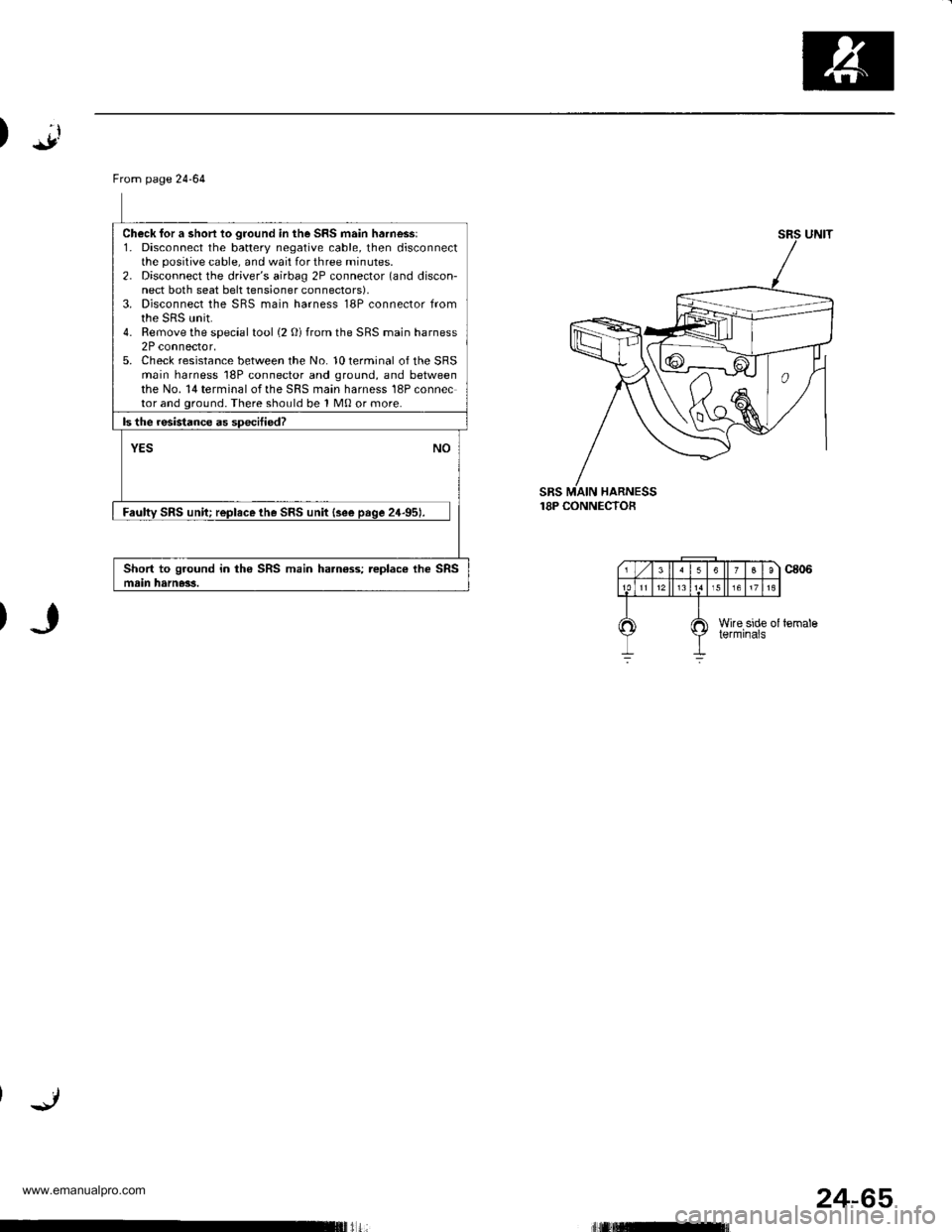 HONDA CR-V 1999 RD1-RD3 / 1.G Workshop Manual 
)J
From page 2464
Check for a short to ground in the SRS main harnessl1. Disconnect the battery negative cable, then disconnectthe posilive cable. and wait for three minutes.2. Disconnect the driver